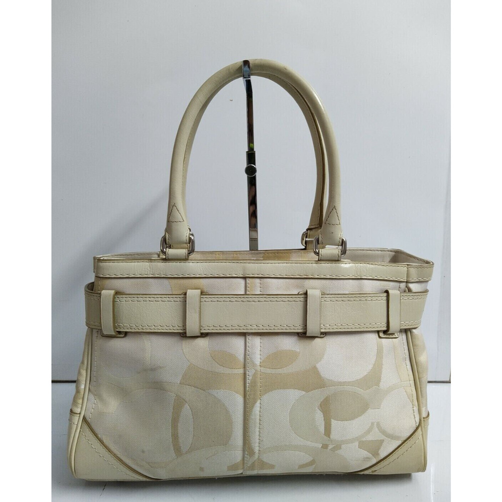Coach Hampton Signature Cream White Canvas Stripe Zipper Satchel Shoulder Bag - Picture 2 of 12